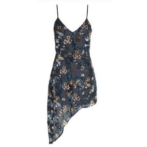 Lulus Floral Velvet Burnout Asymmetrical Dress L Blue V-Neck Cocktail 90's Y2K